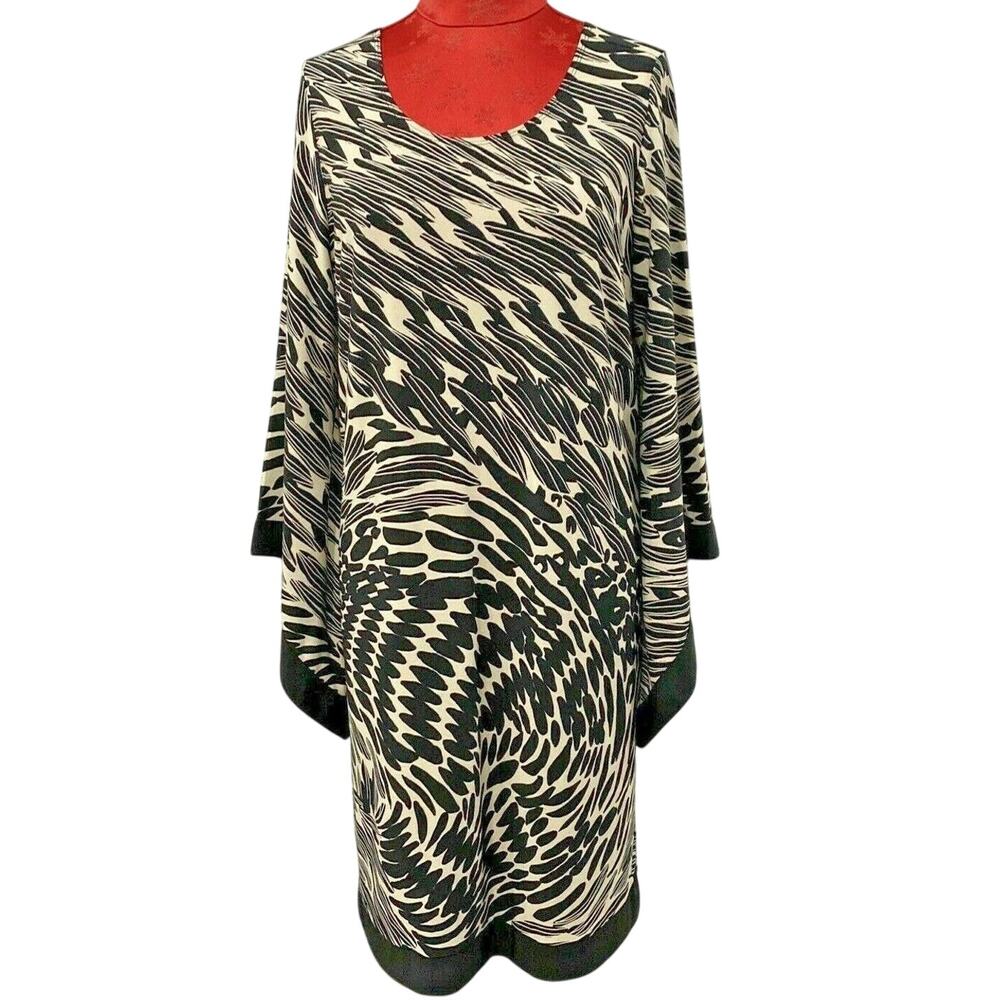Marc Bouwer Ladies Dress size L Black & Cream Bell Sleeve Scoop Neck Unique Chic